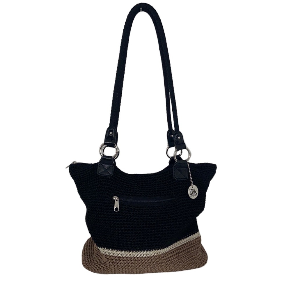 The Sak Cambria Crochet Knit Color Block Tan Off White Black Tote Handbag